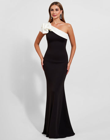 Black Satin Mermaid One Shoulder Ruffled Long Formal Dress